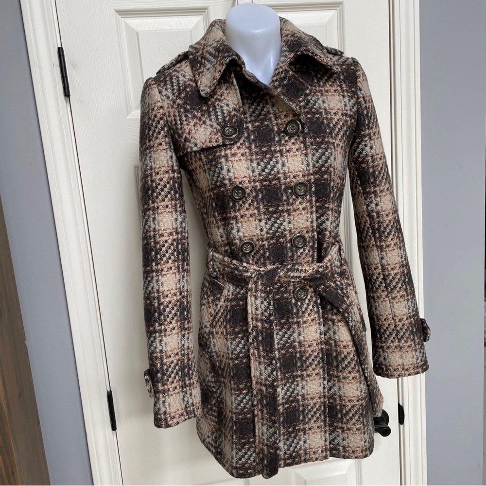 DKNY DONNA KARAN Belted Brown Button Down Plaid Pea Coat Jacket wool blend  Sz 4